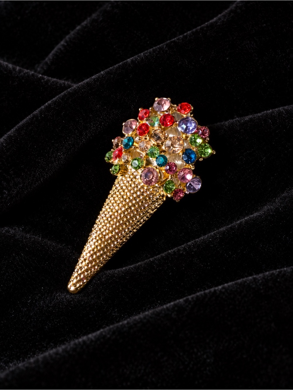 Gold Multicolor Crystal Ice Cream Cone Brooch